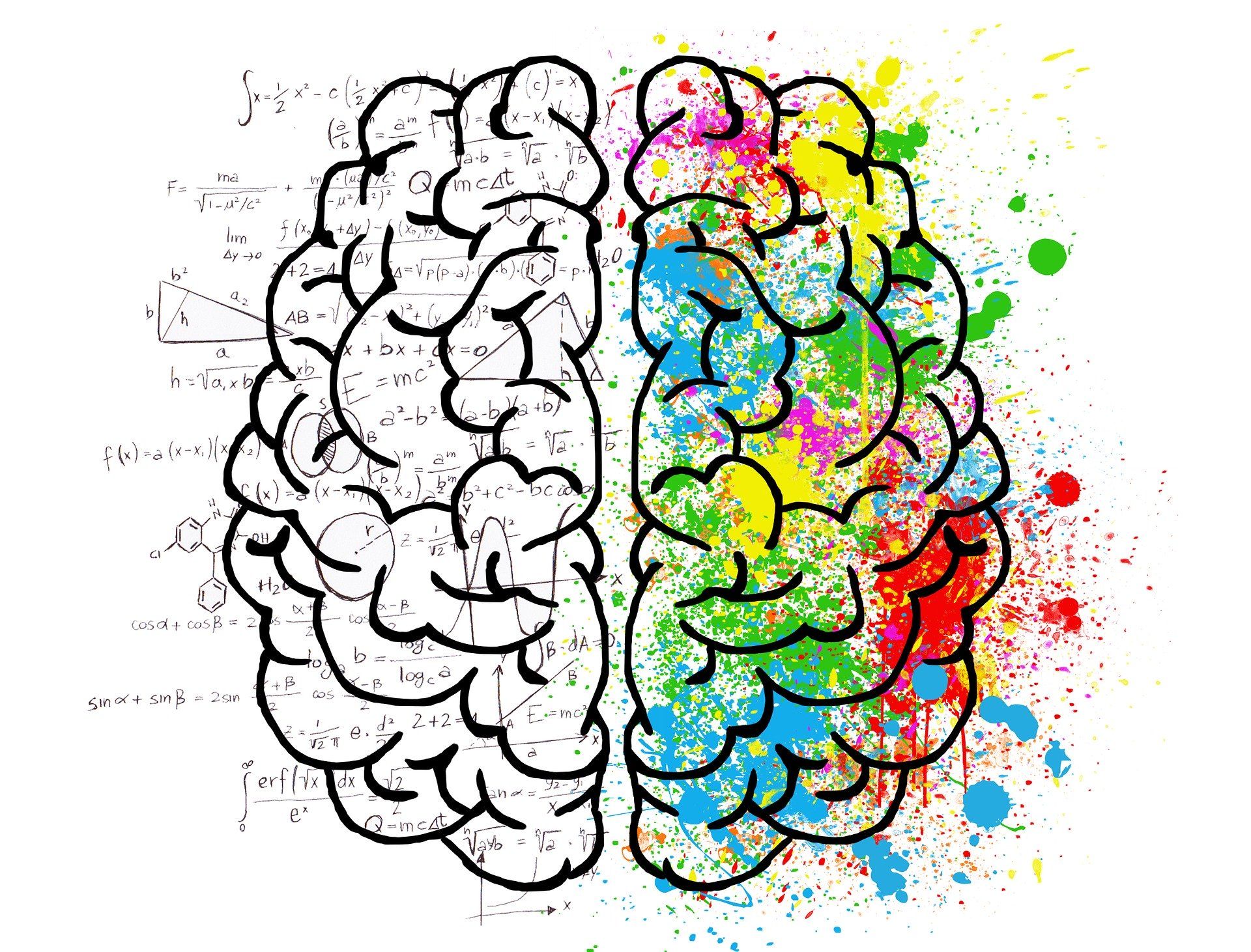 Zeichnung eines Gehirns mit Formeln im Hintergrund